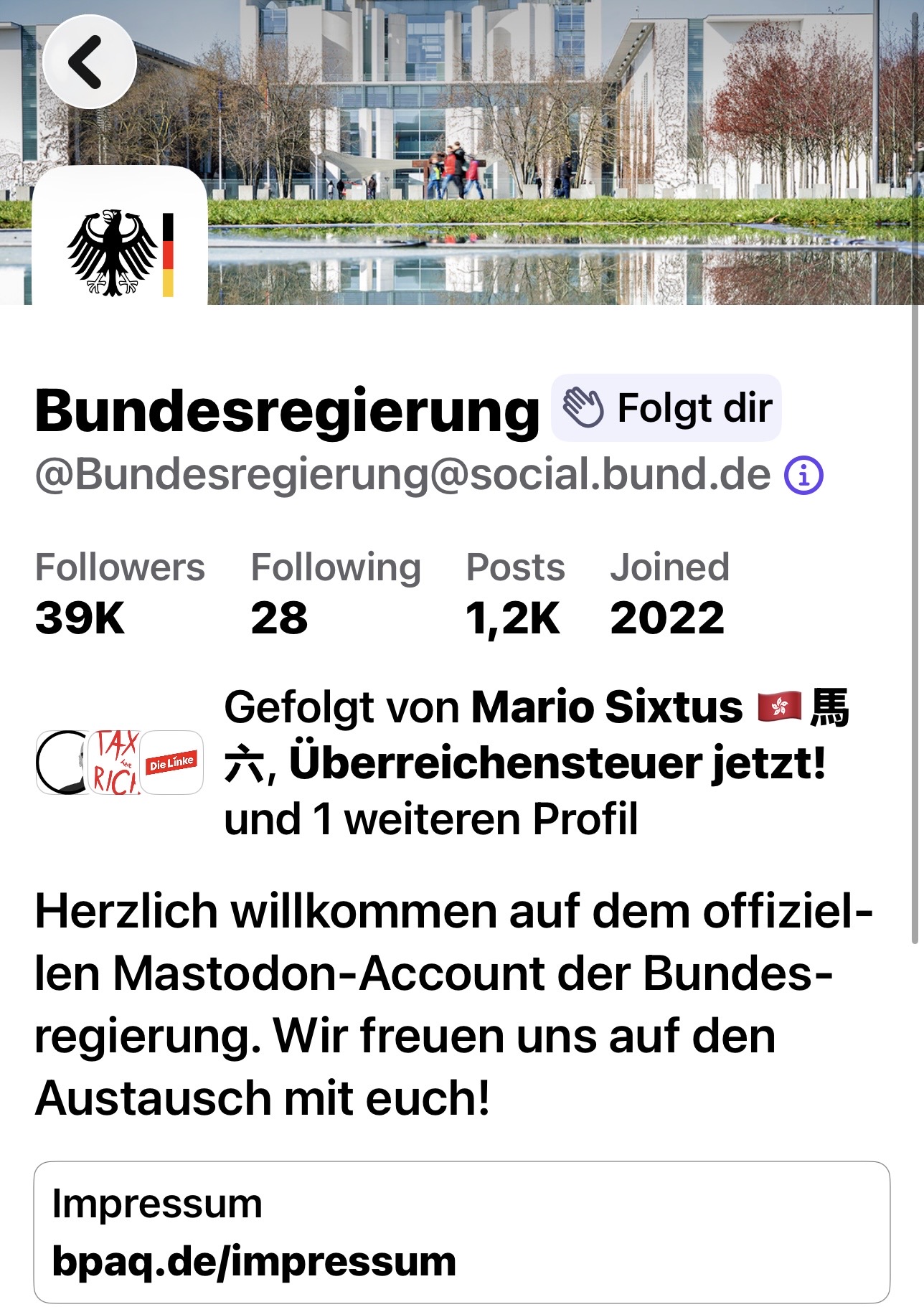 Screenshot: Die Bundesregierung folgt haushaltsloch.de auf Mastodon